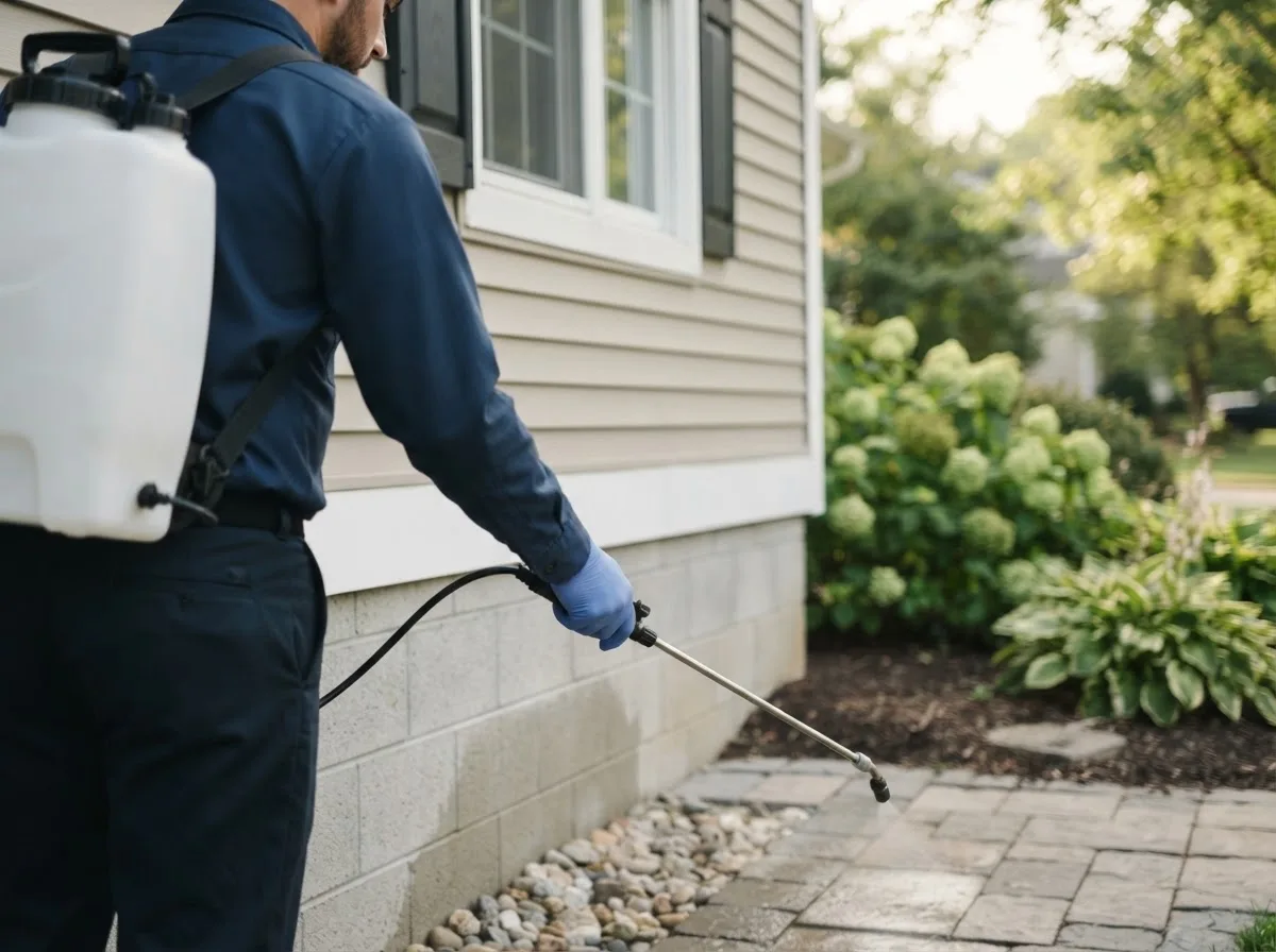 Pest control technician inspecting a home in Gilbert, IA